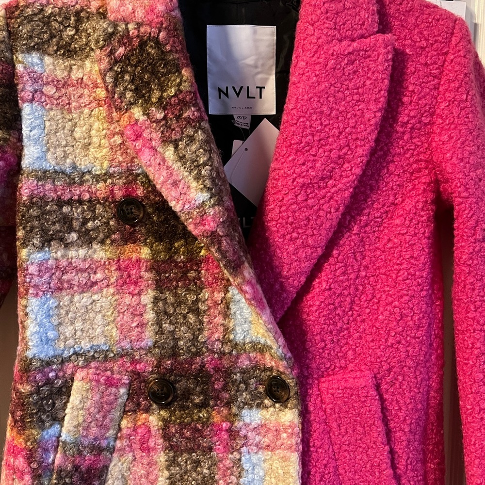 Anthropologie NVLT Plaid Houndstooth Fuchsia Pink Pea Coat Jacket XS 0 2 NWT 💖 - Picture 9 of 13